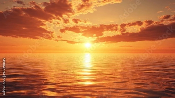 Fototapeta A golden sunset over a calm ocean