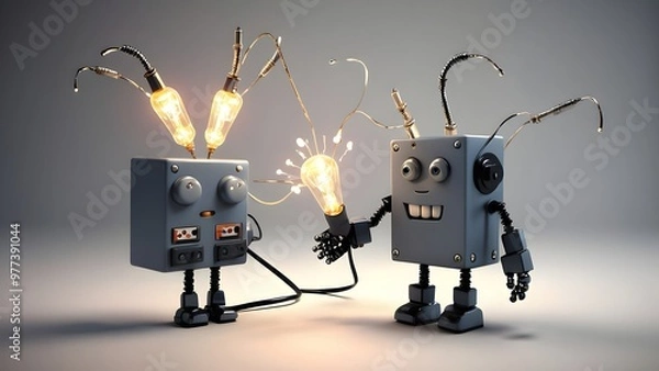 Obraz A boxy, robotic character with a plug head and wire arms that are constantly short-circuiting. His eyes are glowing light bulbs, and he has a slightly confused but friendly expression, with sparks.