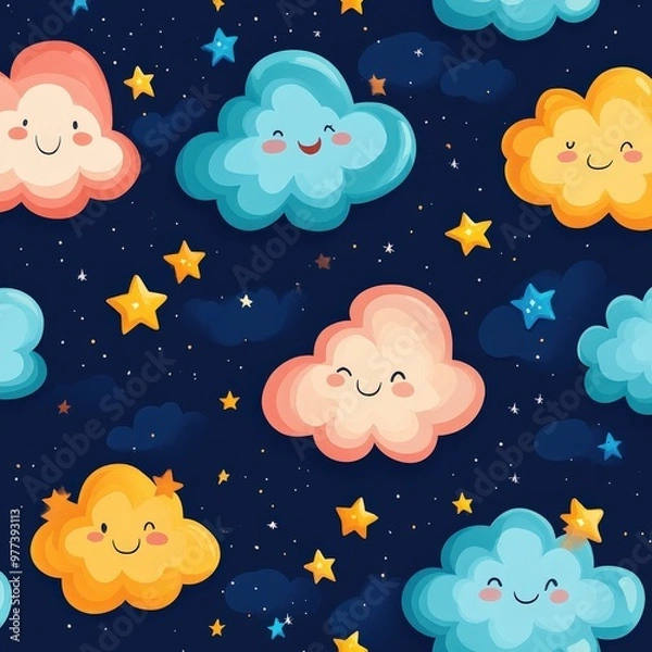 Fototapeta Cute cartoon stars and clouds with smiling faces