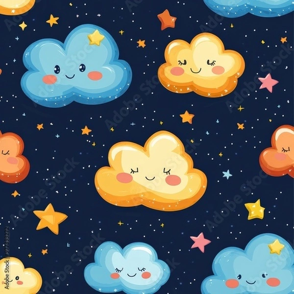 Fototapeta Cute cartoon stars and clouds with smiling faces