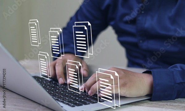 Fototapeta Business data management online and document system concept, Businessman use laptop search for digital documents in folders efficient storage management good planning