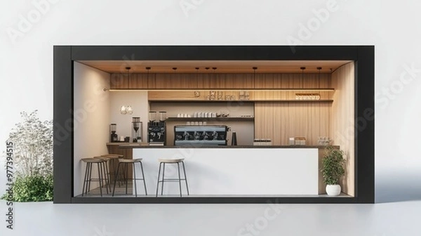 Fototapeta A creative mini coffee shop design featuring a compact counter and simple decor, set on a bright white background for clarity