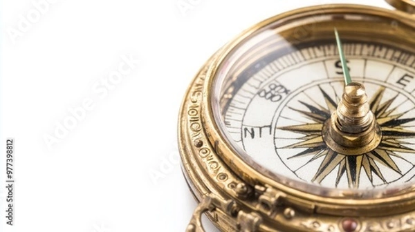 Fototapeta Vintage Brass Compass with Intricate Dials and a Glowing Needle, Positioned Prominently with Soft Reflections on a White Background. Ideal for Game Design or Adventure-Themed Concepts.