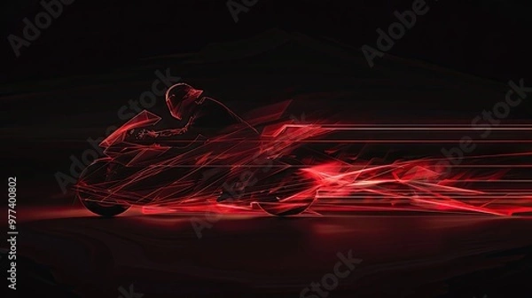 Fototapeta Dynamic Red Streak of Speed: Abstract representation of a MotoGP motorcycle racing towards triumph, leaving a trail of motion on black background.