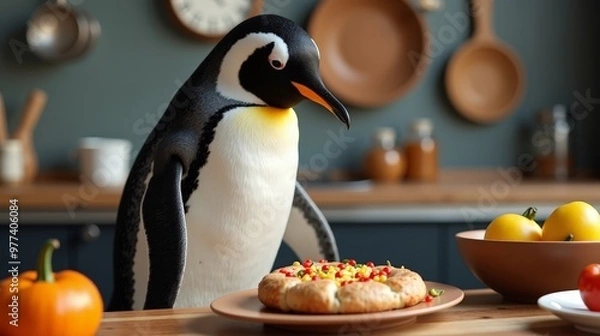 Fototapeta Realistic Kitchen Scene with Gentoo Penguin Chef