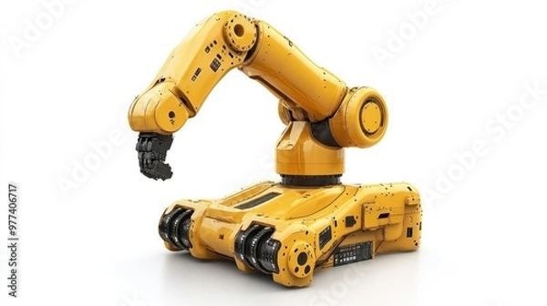 Fototapeta Industrial robot coding and automation, isolated on white background, showcasing factory robotics and process control