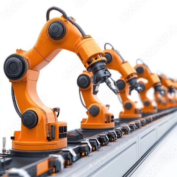 Fototapeta Robot control systems in a factory setting, isolated on white background, focusing on robotics software and programming