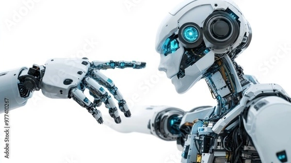 Obraz Robot integration in manufacturing automation, isolated on white background, highlighting collaborative systems and AI