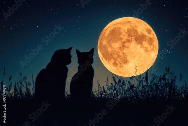 Obraz Two cats are sitting in the grass and looking at full moon at night