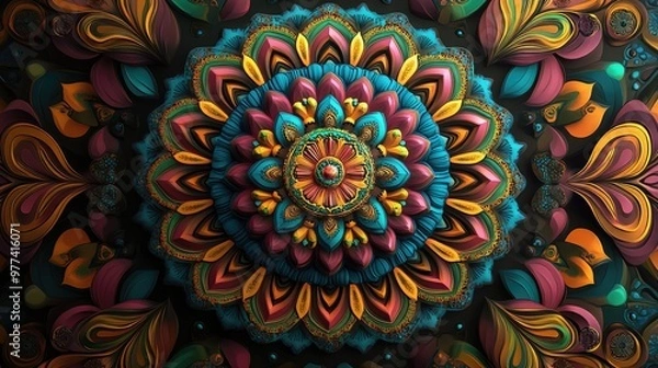 Fototapeta Hypnotic 3D mandala with colorful Indian psychedelic patterns, leaving room for copy space on a dark background.