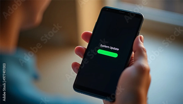 Fototapeta A person holding a smartphone with displaying an updating progress bar for a system update