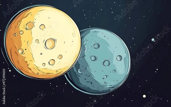 Fototapeta Dreamy White and Yellow Moons Cartoon Illustration on Dark Background - Detailed Vector Art with Vibrant Colors