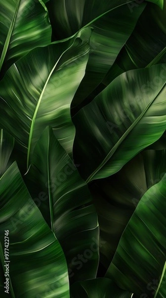 Fototapeta Lush green banana leaves intertwined in a vibrant natural pattern illuminated by soft light