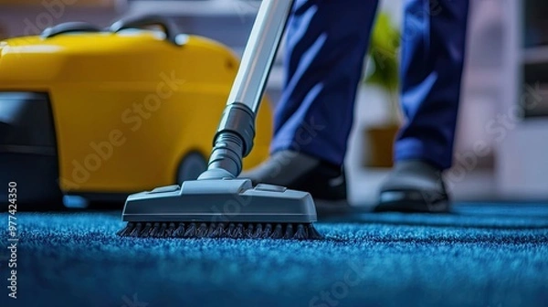 Fototapeta Janitor cleaning a carpet with a vacuum cleaner, representing effective cleaning services in maintaining a neat and orderly environment.