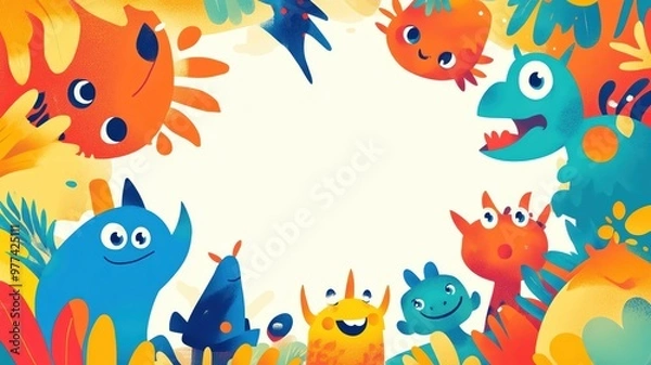 Fototapeta Design a colorful illustration with playful characters and an empty center space copy space - vibrant - Fusion - storybook background