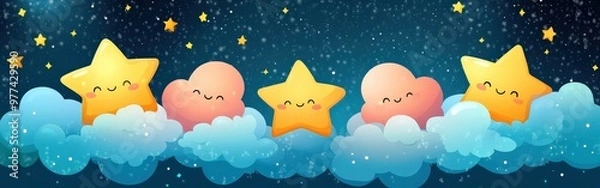 Obraz Cute cartoon stars and clouds with smiling faces
