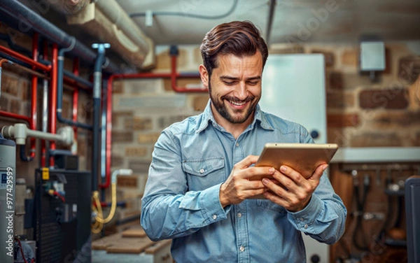 Fototapeta Handsome Happy homeowner plumber, HVAC technician, man using a mobile phone tablet in a basement by water heater, burner, duct work. DIY repair or install, happy with work done, quote.