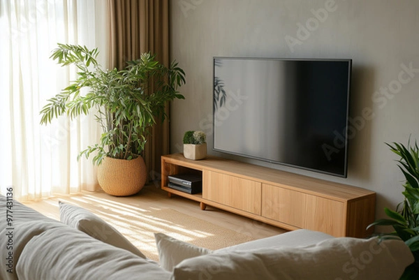 Obraz a serene living room corner in a small, minimal A A A photo apartment, featuring a sofa, TV counter, and bookshelf, all while embracing Wabi-Sabi Japandi design principles