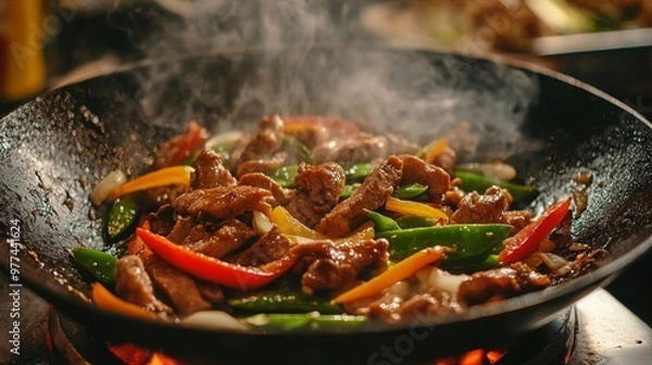 Fototapeta A dynamic shot of a sizzling pork stir-fry in a wok, with colorful bell peppers, onions, and snap peas, being tossed and cooked over high heat.