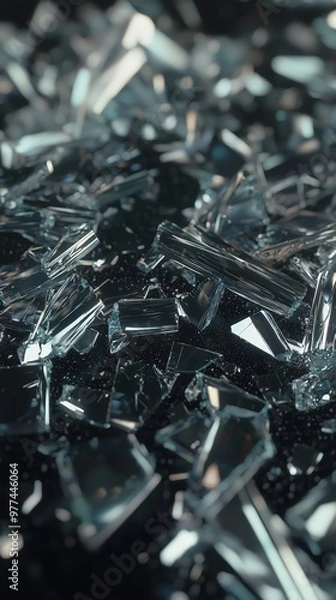 Fototapeta Scattered shards of reflective glass creating a captivating abstract pattern on dark surface