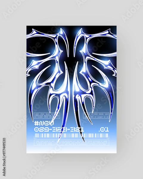 Obraz Futuristic Abstract Cyberpunk Poster Design. Silver Chrome, 2000s, shiny metallic surface. Neo tribal shape. Gothic Y2K sharp element, Cyber sigilism aesthetic.