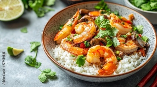 Fototapeta A high-quality image of with a focus on the shrimp and mushrooms, served in a traditional Thai bowl with a side of jasmine rice and fresh herbs.