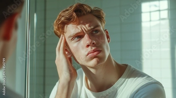 Fototapeta Young man with tousled hair looking thoughtfully in a mirror while contemplating his appearance in a bright bathroom