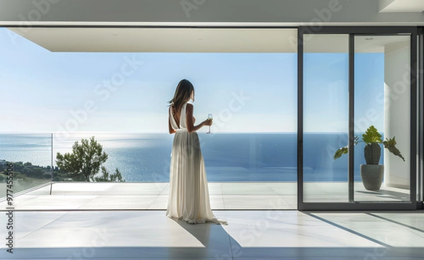 Obraz A woman standing on the balcony of a modern luxury home overlooking the ocean, holding a glass with champagne in her hand, the sun shining through the window