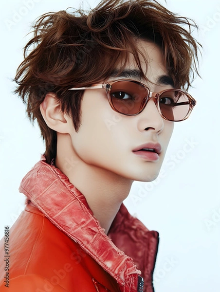 Fototapeta A stylish young Korean man exudes confidence and flair while wearing sunglasses, blending modern fashion with effortless cool.
