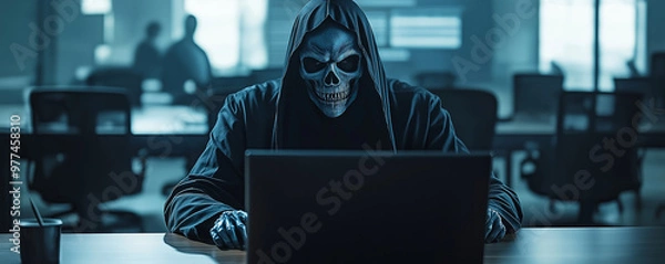 Fototapeta Boardroom meeting where the Grim Reaper is the main presenter, using a PowerPoint presentation with spooky statistics