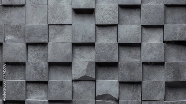 Fototapeta Background with tiles on a brick wall in 3D. Concrete tile wallpaper with polished blocks with a futuristic look.