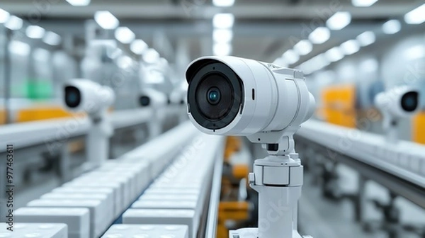 Fototapeta Close-up of a modern surveillance camera in a high-tech factory setting, capturing detailed images for security and monitoring.