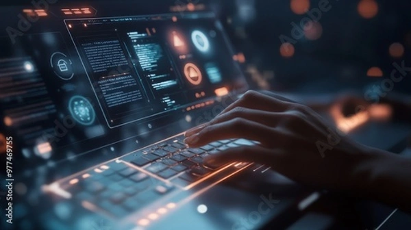 Fototapeta Hands typing on a sleek keyboard with a virtual assistant interface on the screen, showcasing the role of AI in streamlining administrative tasks in the workplace.