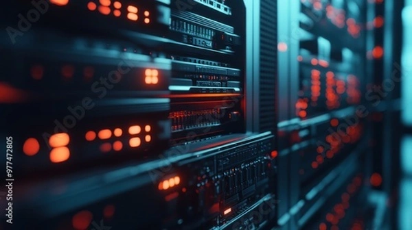 Obraz A close-up of data storage servers in a data center, showcasing solid-state drives and efficient cooling systems for optimal performance.