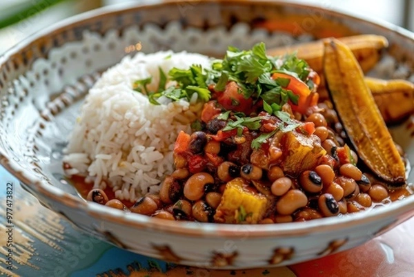 Fototapeta Caribbean style dish with black eyed peas, coconut rice and bananas, tomatoes, close up, bright natural light,