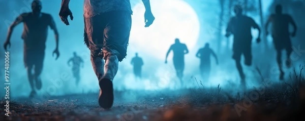 Fototapeta Zombies jogging on a moonlit path, promoting physical activity even during Halloween