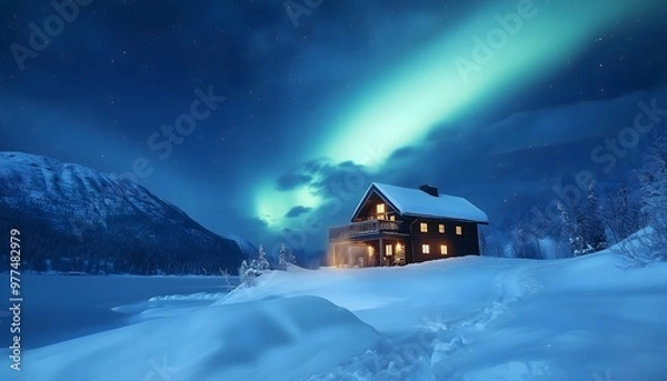 Obraz An illustration of a wooden cabin isolated in a mountainous and snowy location