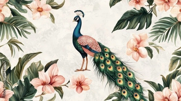 Obraz A luxurious tropical pattern featuring peacocks, lush foliage, and orchids, blended with a vintage wallpaper texture and soft, faded colors