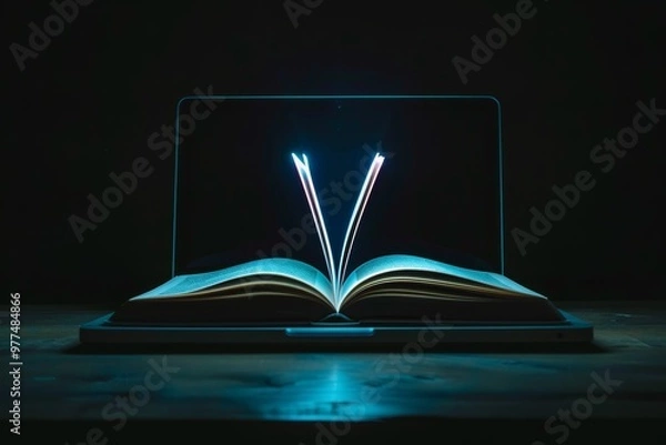 Fototapeta Laptop screen displays a 3D hologram of a glowing book on a dark background.