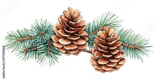 Fototapeta On a white background, an image of a watercolor illustration of spruce branches.