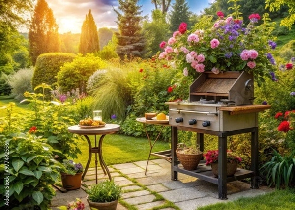 Fototapeta Rustic outdoor grill surrounded by lush greenery and vibrant flowers in a serene sun-kissed garden, evoking a sense of warm weather relaxation and alfresco dining.