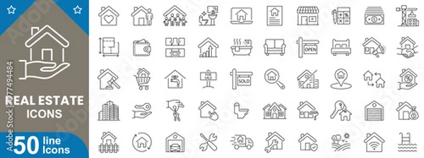 Fototapeta Real estate icons set. House, building, key, for sale, location, rent, agent, investment, property and more. vector illustrator.