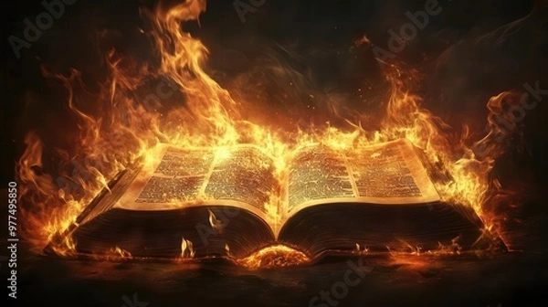 Fototapeta Dramatic depiction of a Bible surrounded by flames, symbolizing the power and passion of the Word