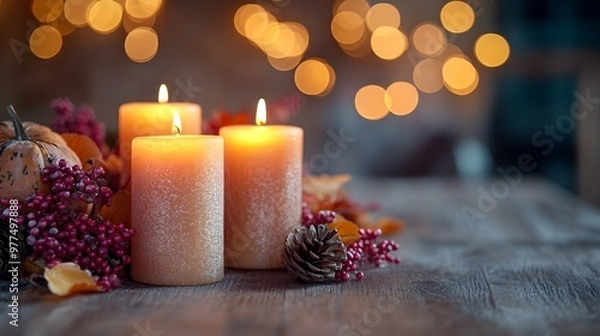 Fototapeta Autumn Candlelight: Cozy Home Decor with Rustic Textures