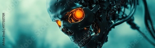 Fototapeta Sci-fi floating cyborg skull in futuristic lab with cables attached