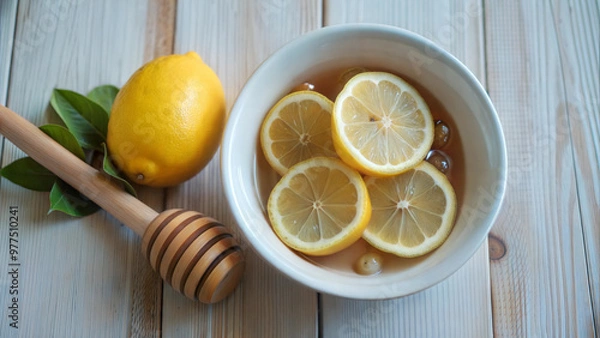 Fototapeta Cup of Lemon Water with Honey and Ginger on Wooden Table