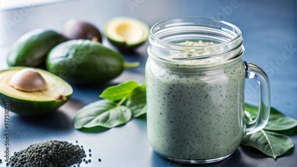 Fototapeta Green Smoothie with Avocado, Spinach, and Chia Seeds in Glass Jar