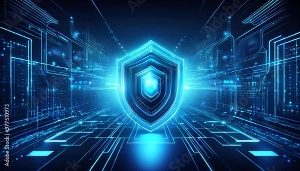 Obraz Cybersecurity Futuristic. Glowing Blue Shields or Barriers Representing Security