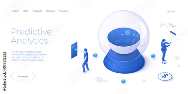 Fototapeta Predictive online business analysis strategy isometric vector illustration. Data analytics for company marketing solutions or financial performance. Budget accounting or statistics concept.