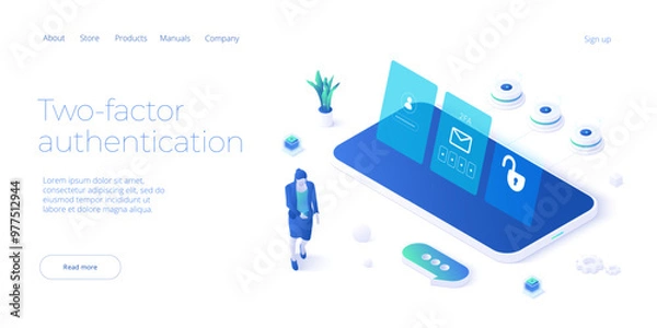 Obraz 2 factor authentication isometric vector illustration. Digital service or app with laptop unclocked via sms and touch id scanning. Personal information and device security concept